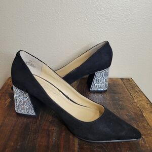 Betsey Johnson EGLE Black Faux Suede Mirrored Rhinestone Block Heels 7M